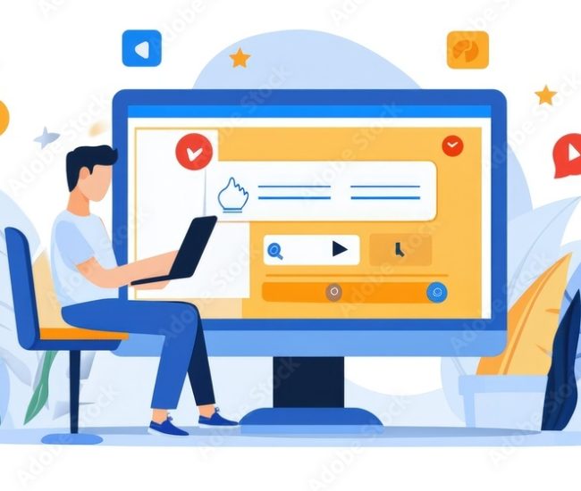 A marketer updating the Google My Business profile for a local restaurant, adding new photos and responding to customer reviews on the desktop screen.